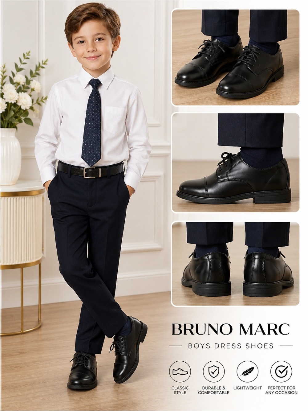 Bruno Marc Boys Black Dress Shoes Size 12 Formal Lace-Up Oxfords